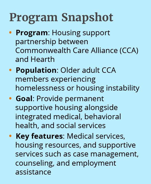 Program: Housing support partnership between Commonwealth Care Alliance (CCA) and Hearth; Population: Older adult CCA members experiencing homelessness or housing instability; Goal: Provide permanent supportive housing alongside integrated medical, behavioral health, and social services; Key features: Medical services, housing resources, and supportive services such as case management, counseling, and employment assistance