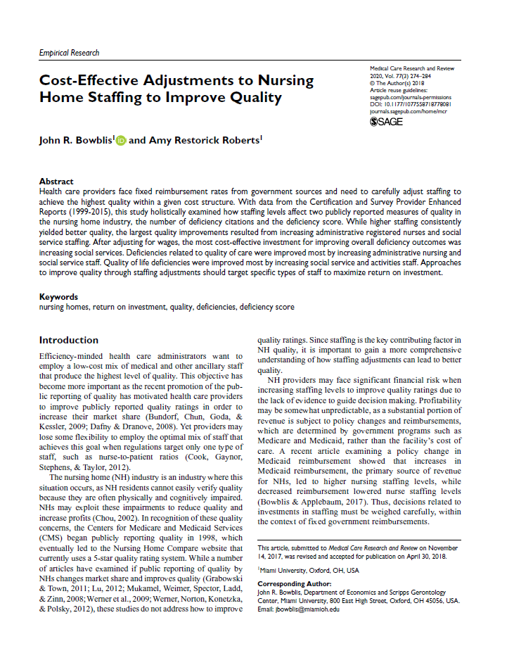 Cover of "Cost-Effective Adjustments to Nursing Home Staffing to Improve Quality"