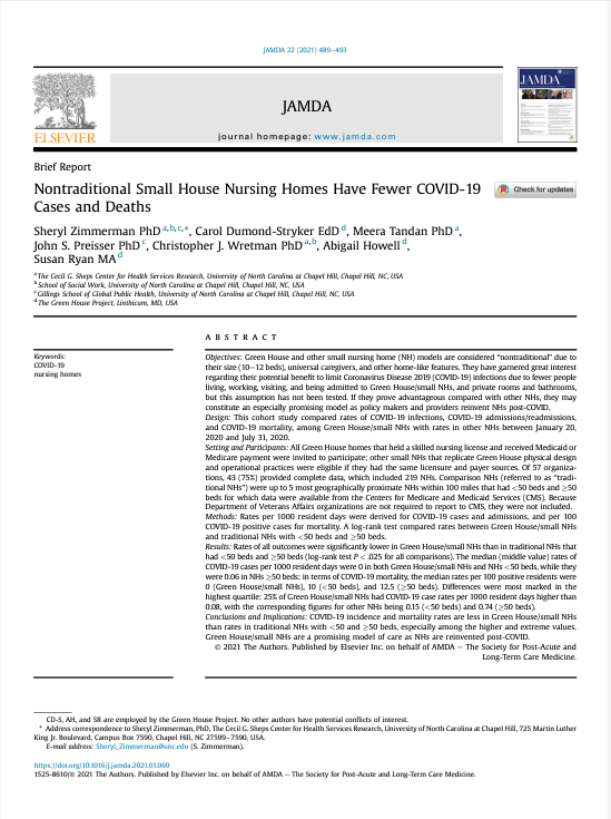 Cover of "Nontraditional Small House Nursing Homes Have Fewer COVID-19 Cases and Deaths".