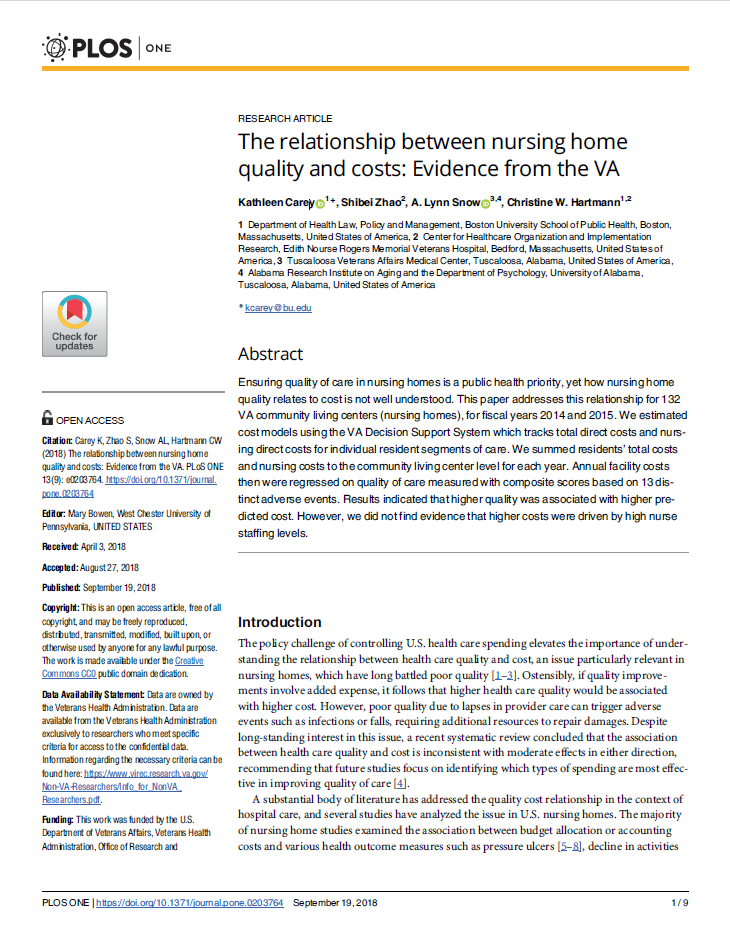 Cover of "The Relationship between Nursing Home Quality and Cost: Evidence from the VA"